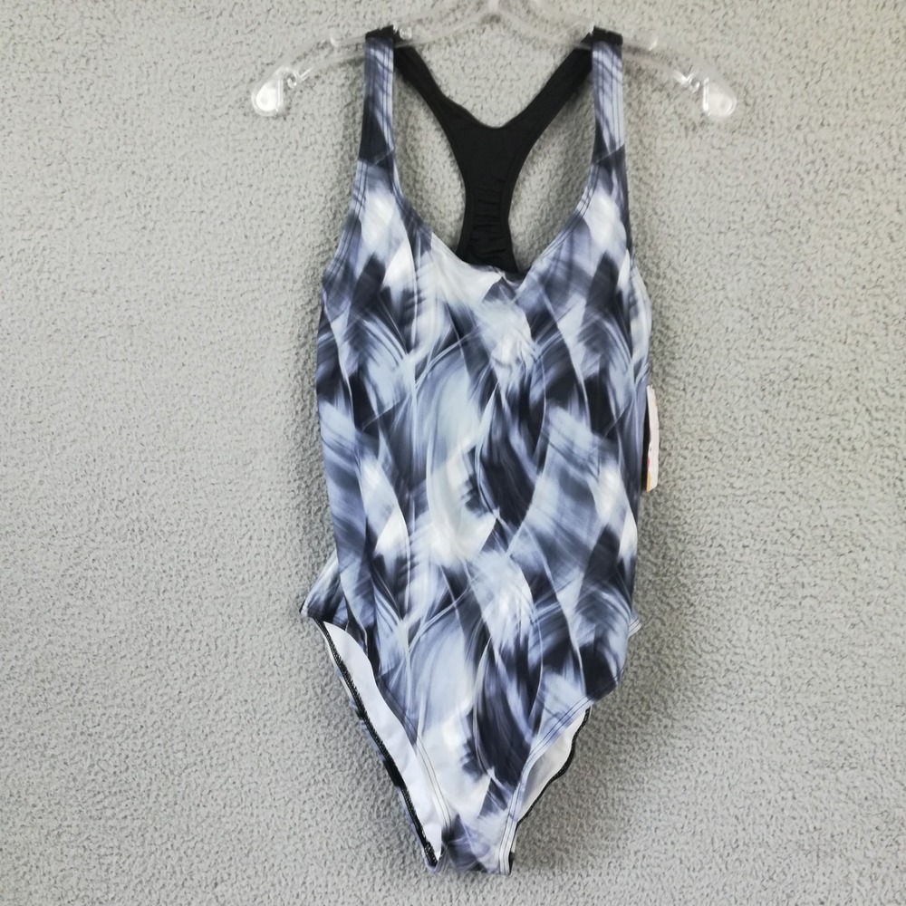 Womens Swimsuit One Piece Racerback Athletic Black White Watercolor XL New